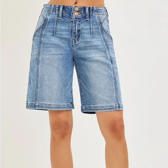 RISEN 2-Button Slouchy Bermuda Long Jean Shorts Pockets sz Large - Picture 2 of 8